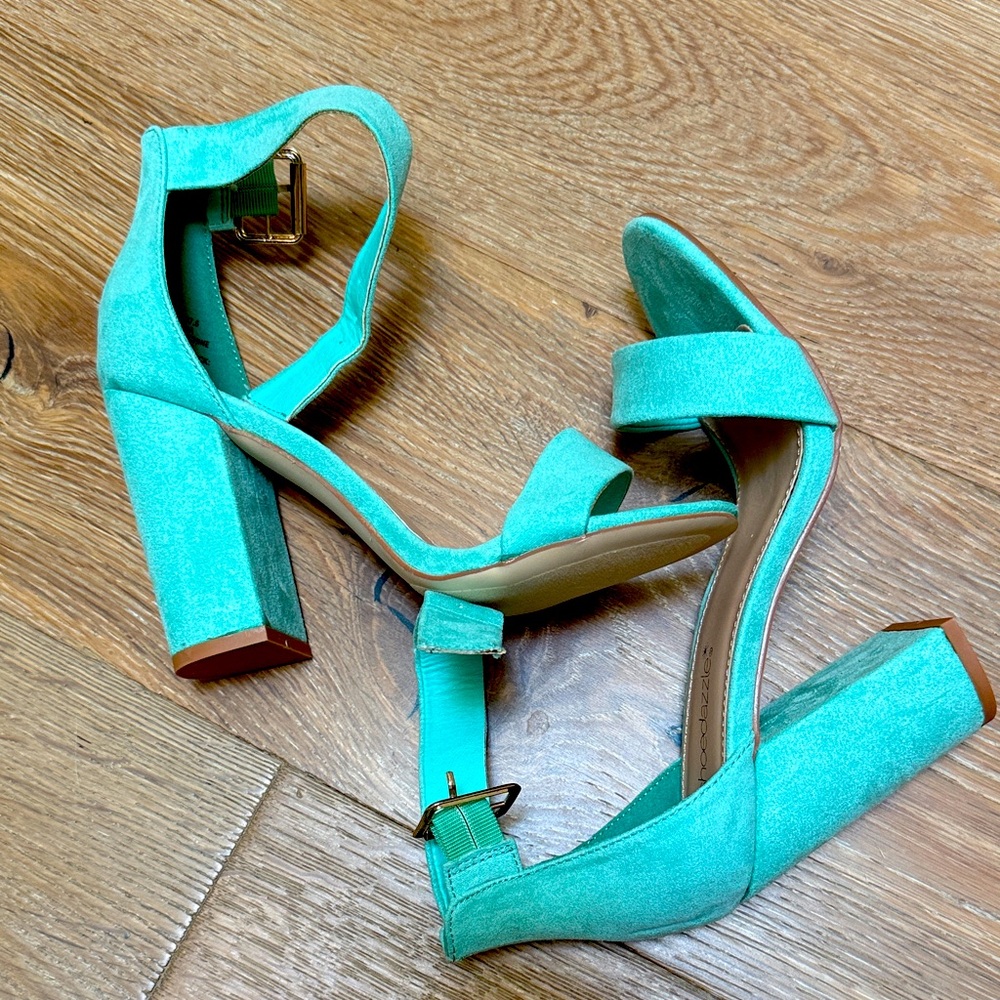 Mint/Turquoise Block Heel Sandals with gold buckle